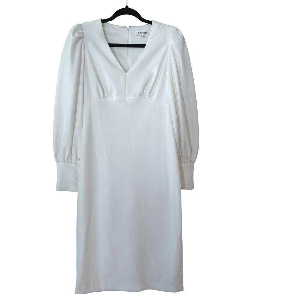 Calvin Klein White V-Neck Puff Sleeve Sheath Dress 2 Bridal Cocktail Wedding